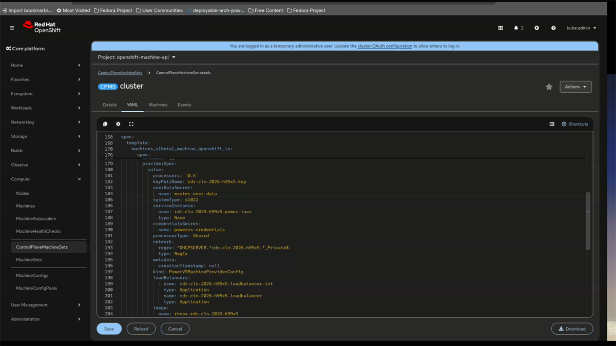 OpenShift Console displaying the control plane machineSet yaml